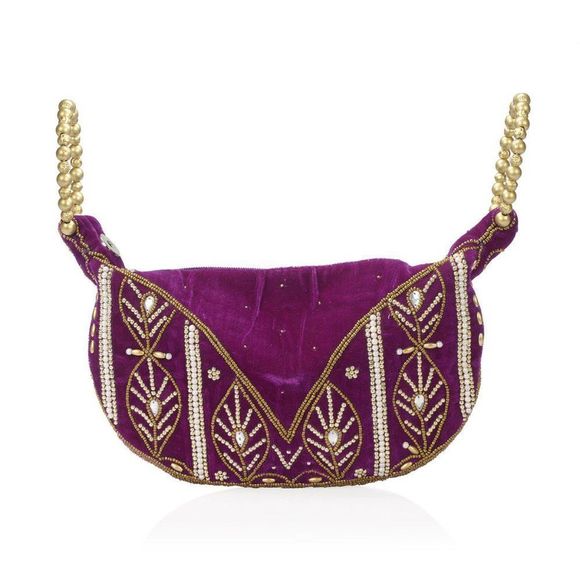 Embroidered  Velvety Leaf Pattern Potli Purple - Picture 3 of 4